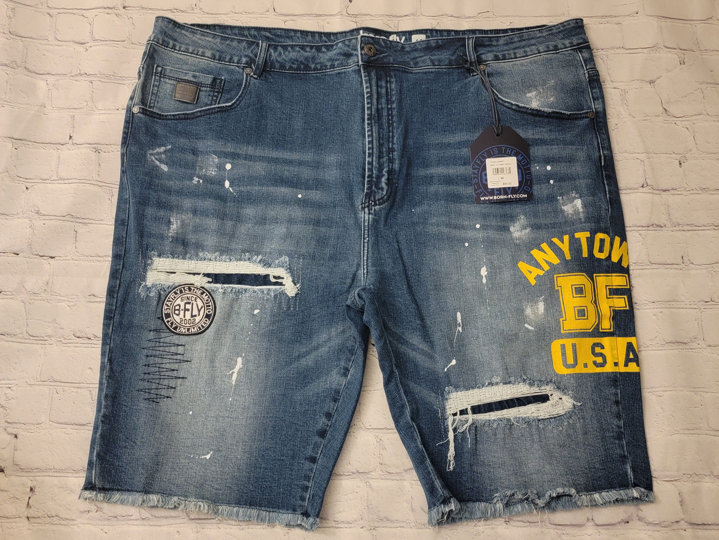 Born Fly Med Stone Wash Denim Shorts